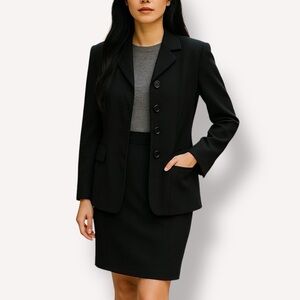 Alain Gerard Black Skirt Suit Set 8P button front jacket knee-length skirt